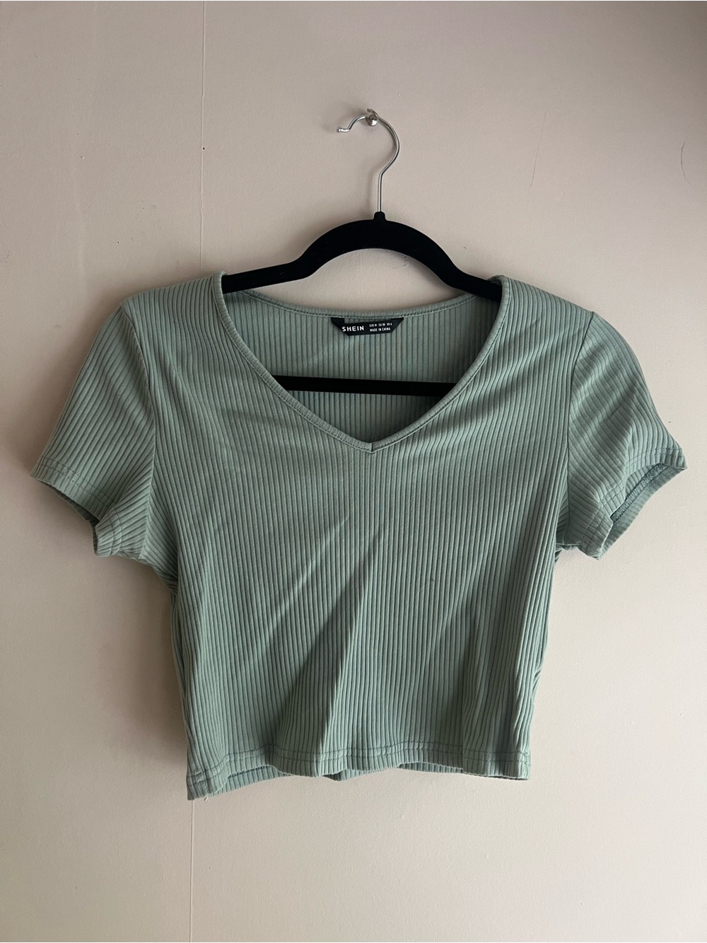 SHEIN Mint Sage Ribbed V-Neck Cropped Tee